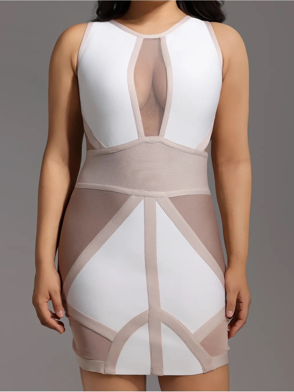 White & Beige Bodycon Bandage Dress With Sheer Panels Women’s Large